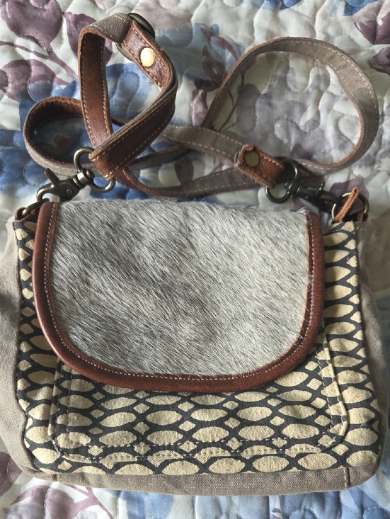 Myra Bag Handbags - Myra Bag Gray Fur Flap Crossbody with Brown Trim